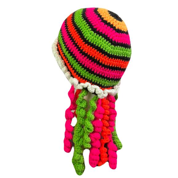 Handmade Knit Neon Beanie with Curls - Picture 1 of 9